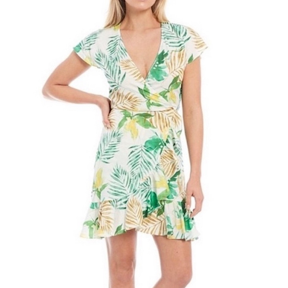 Gianni Bini Penelope Ruffle Dress Cottagecore green palms wrapped womens size L